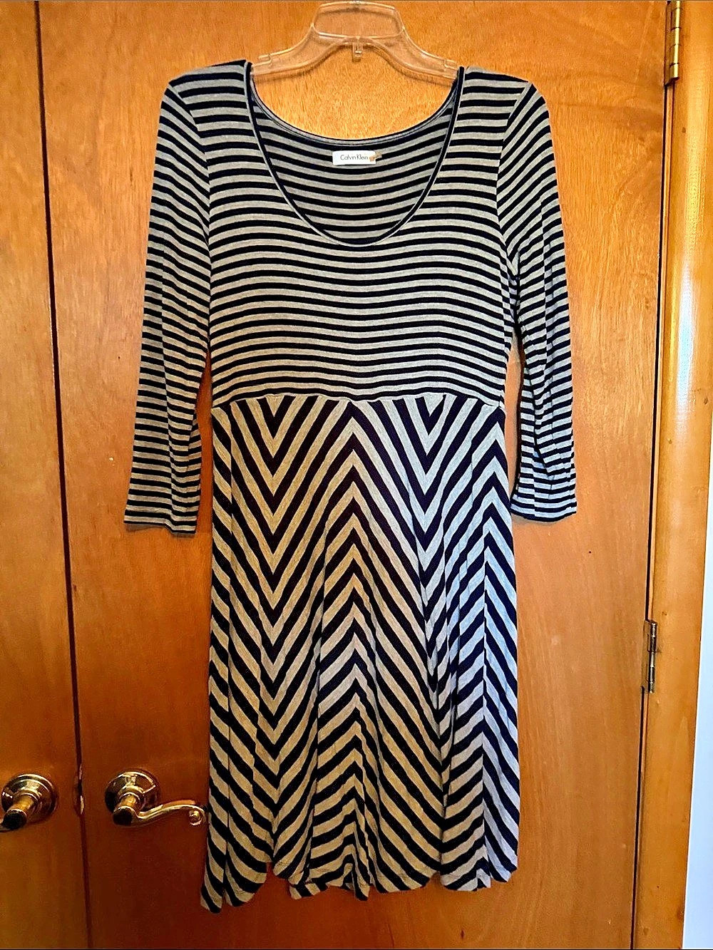 Calvin Klein Striped Geometric Midi Dress in Navy& Gray